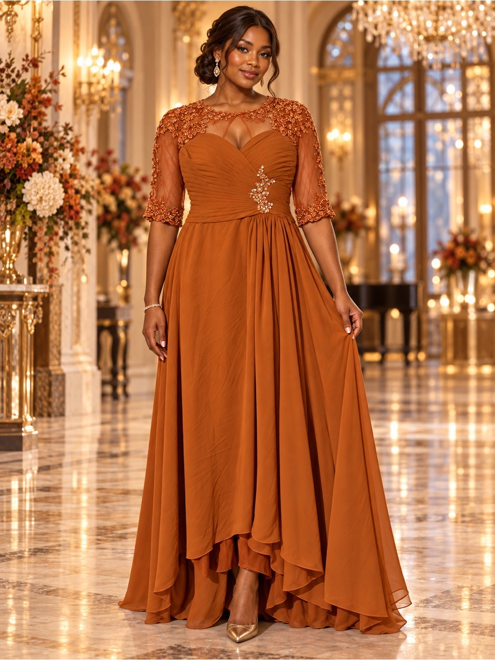Rust Orange High-Low Evening Dress with Embellished Bodice